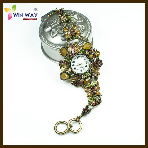 Vintage Style Cuff Flower Ladies Bangle Crystal Watch  