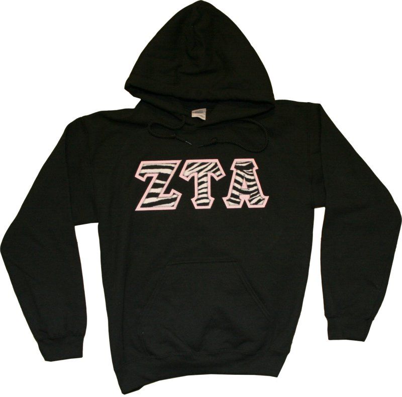 Sample is black, size small, zebra print top letters, hot pink 