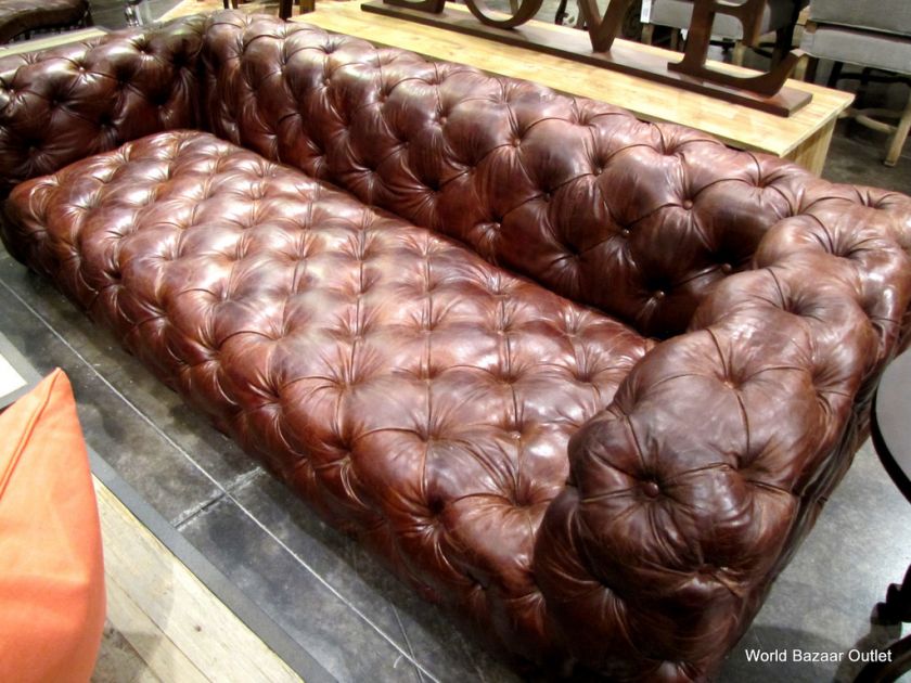 98 long Vintage cigar brown leather Tufted 3 Seater Sofa spectacular 