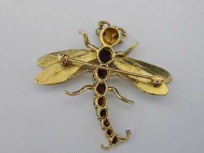   YELLOW GOLD GARNET & PERSIAN TURQUOISE DRAGONFLY PIN   