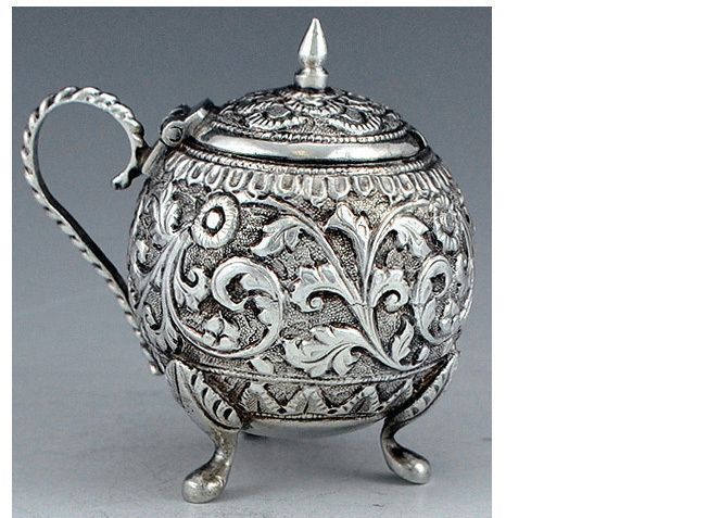 Antique Indian Silver Hand Chased Lidded Mustard Pot  