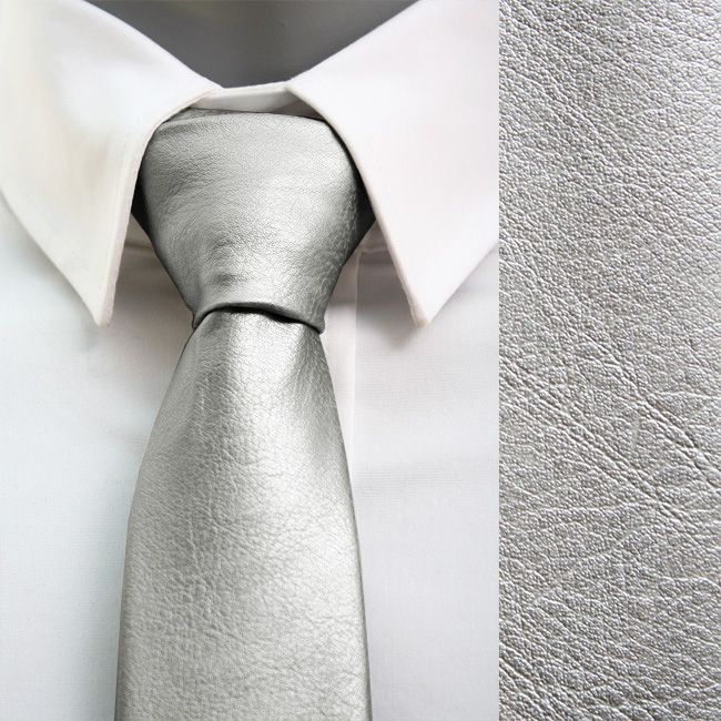   Skinny Slim Narrow Silver Solid Faux Leather Neckties 2.15  