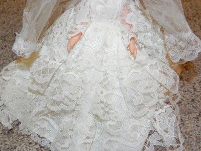 Old Vintage Bride Bridal Doll Hard Plastic Flowing Lace Satin 