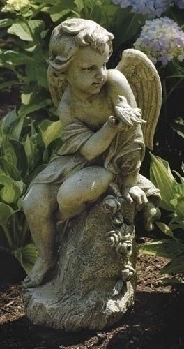 20 CHERUB WITH BIRD ON PEDESTAL Outdoor Garden Statue  