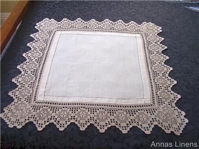 Antique Linen Tablecloth Wide Filet Crochet Lace Edge Beige  