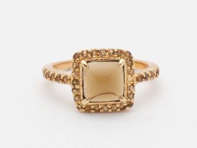 18K YELLOW GOLD SILVER DIAMOND SET SMOKEY TOPAZ RING  