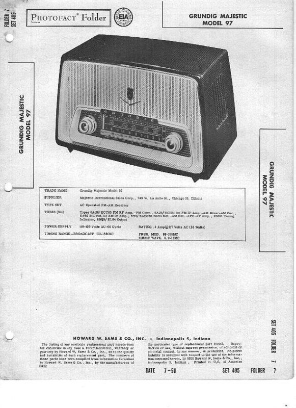 Vintage Sams Photofact Manual Grundig Majestic Model 97  