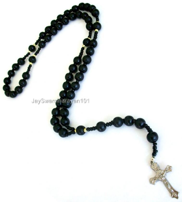 Mens Black Rosary Necklace Wooden Gold Tone Beads Crucifix 29 long 